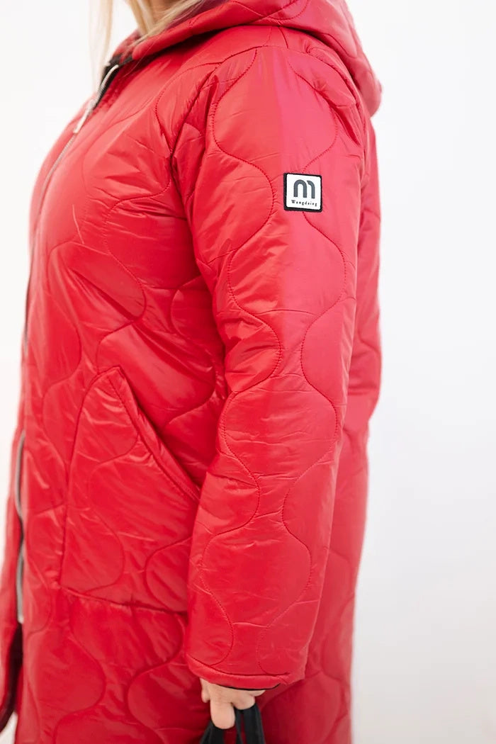 Women's winter quilted Plus Size jacket with a hood red