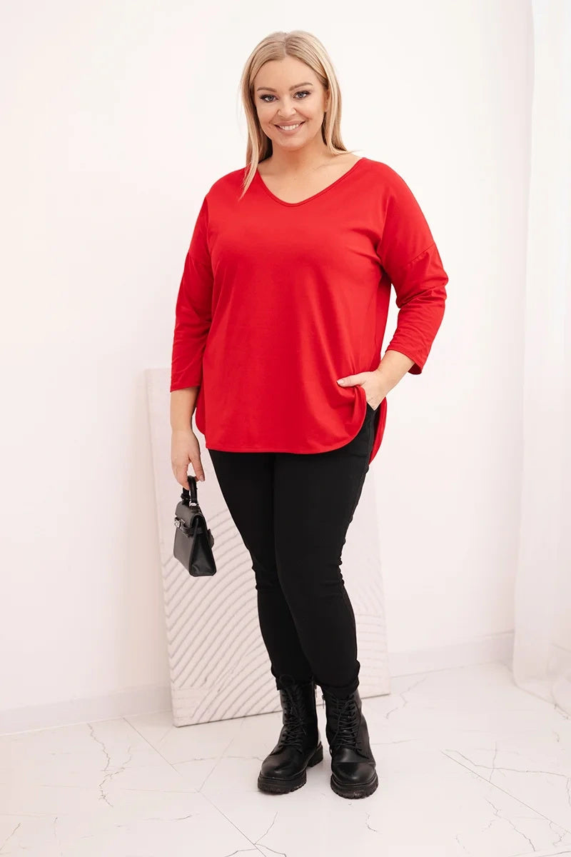 Блуза Plus Size с V-образно деколте и навити ръкави