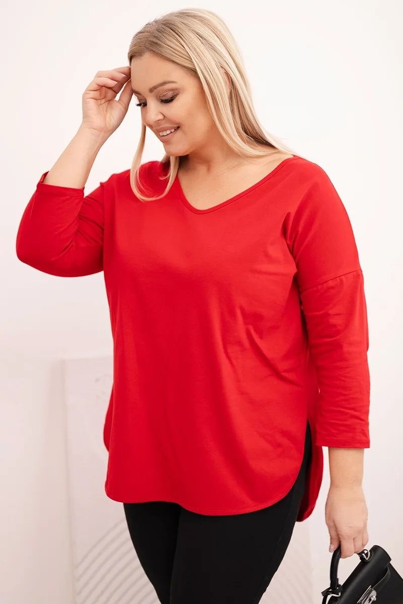 Блуза Plus Size с V-образно деколте и навити ръкави