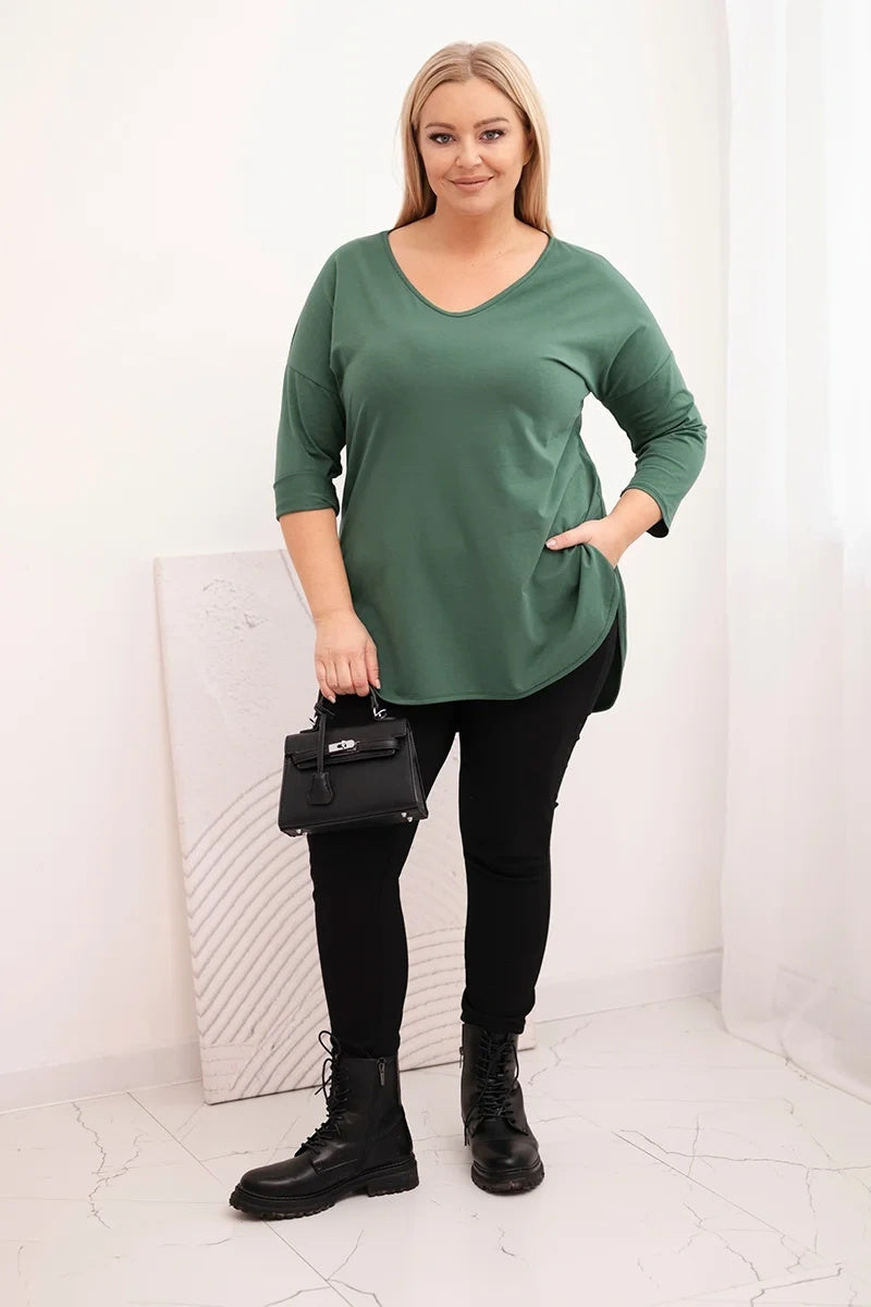 Блуза Plus Size с V-образно деколте и навити ръкави