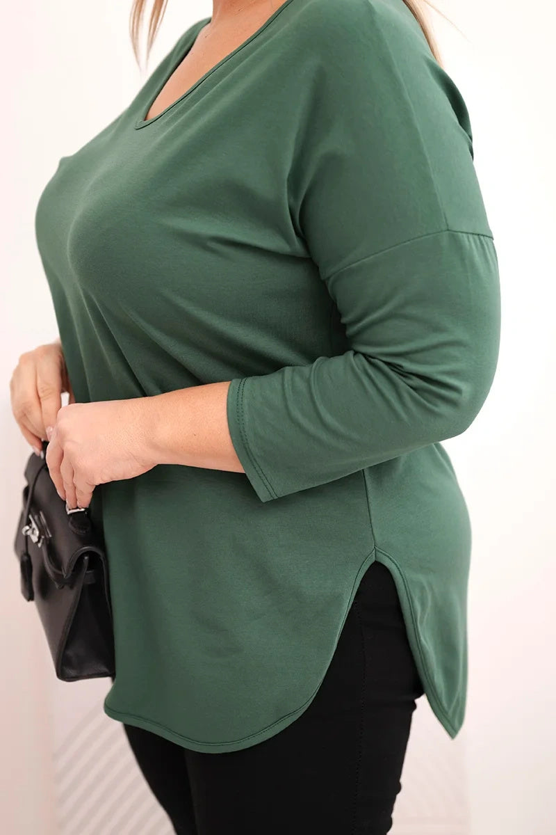 Блуза Plus Size с V-образно деколте и навити ръкави