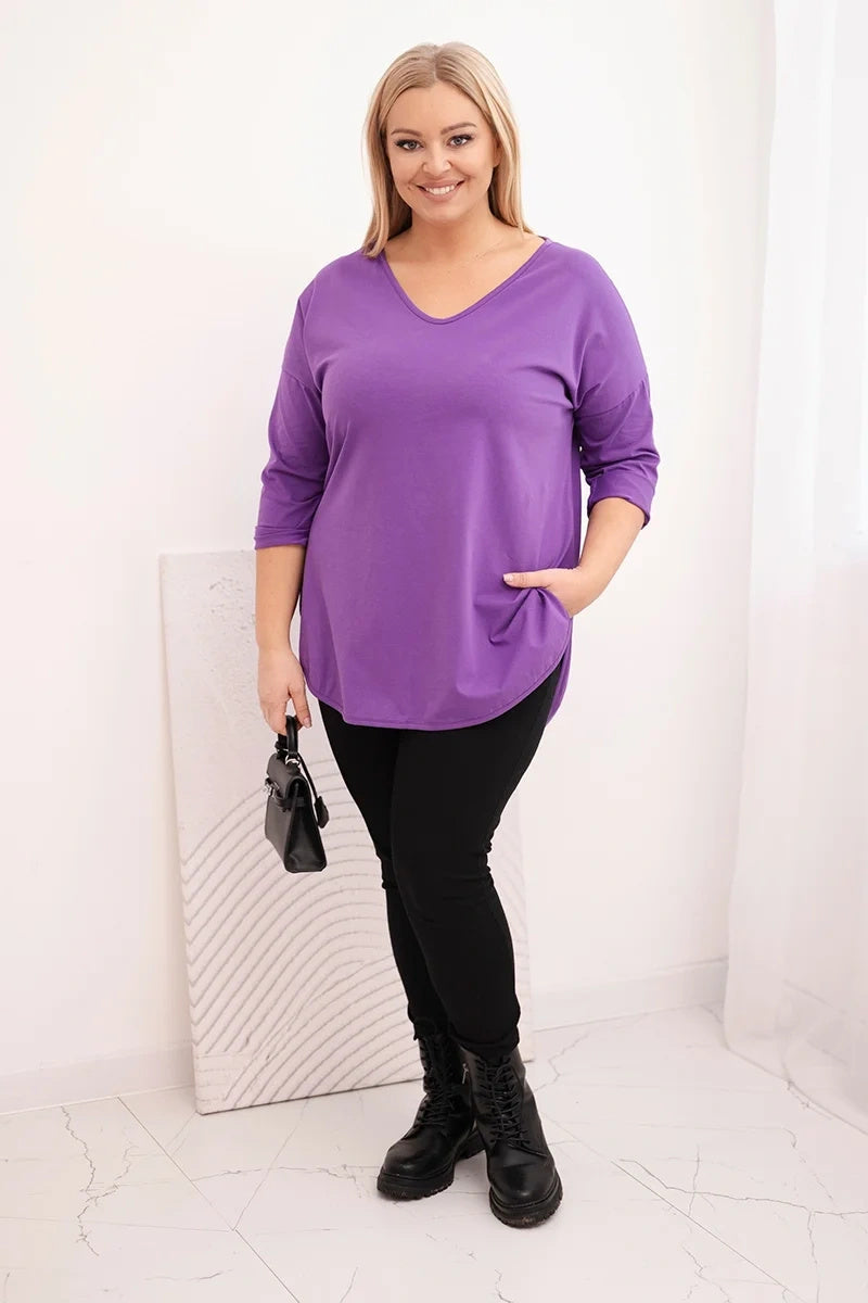 Блуза Plus Size с V-образно деколте и навити ръкави