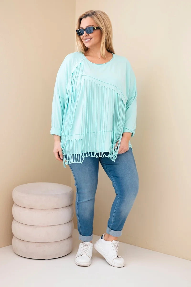 Памучна блуза с ресни и дълги ръкави