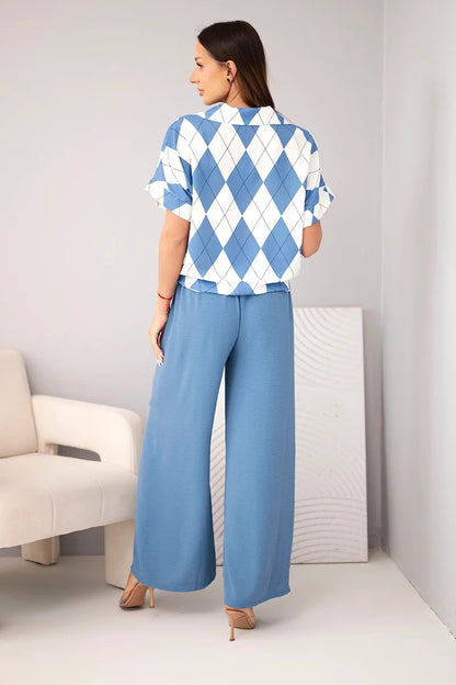 Комплект с широка риза с вратовръзка и широк панталон с ластик