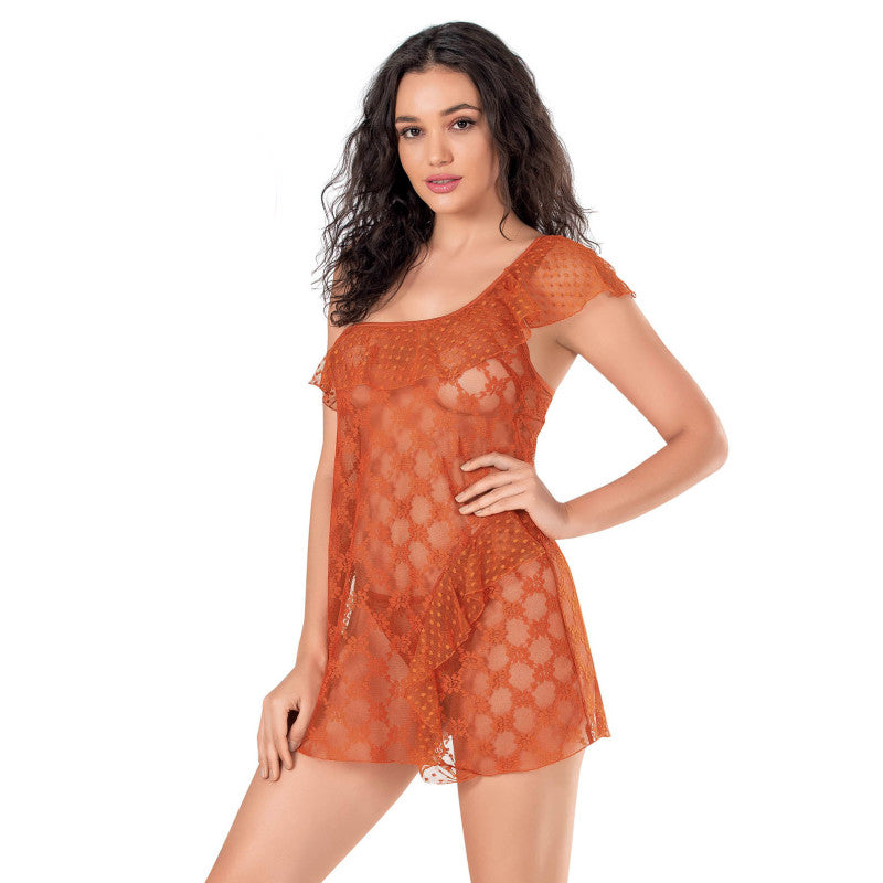 Къса нощница от тюл и дантела P-4129