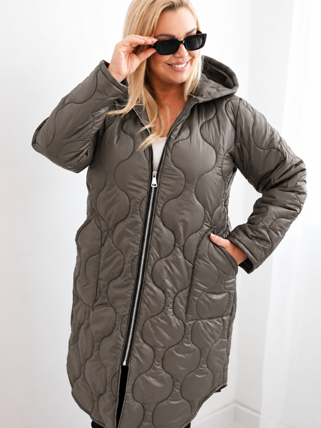 Women's winter quilted Plus Size jacket with a hood red