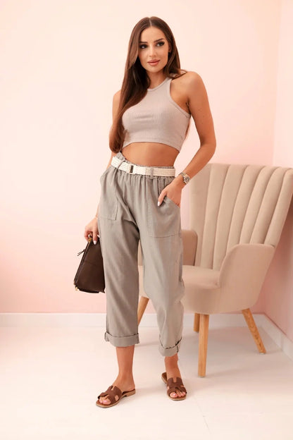 Дамски ленен памучен панталон с колан ART52888