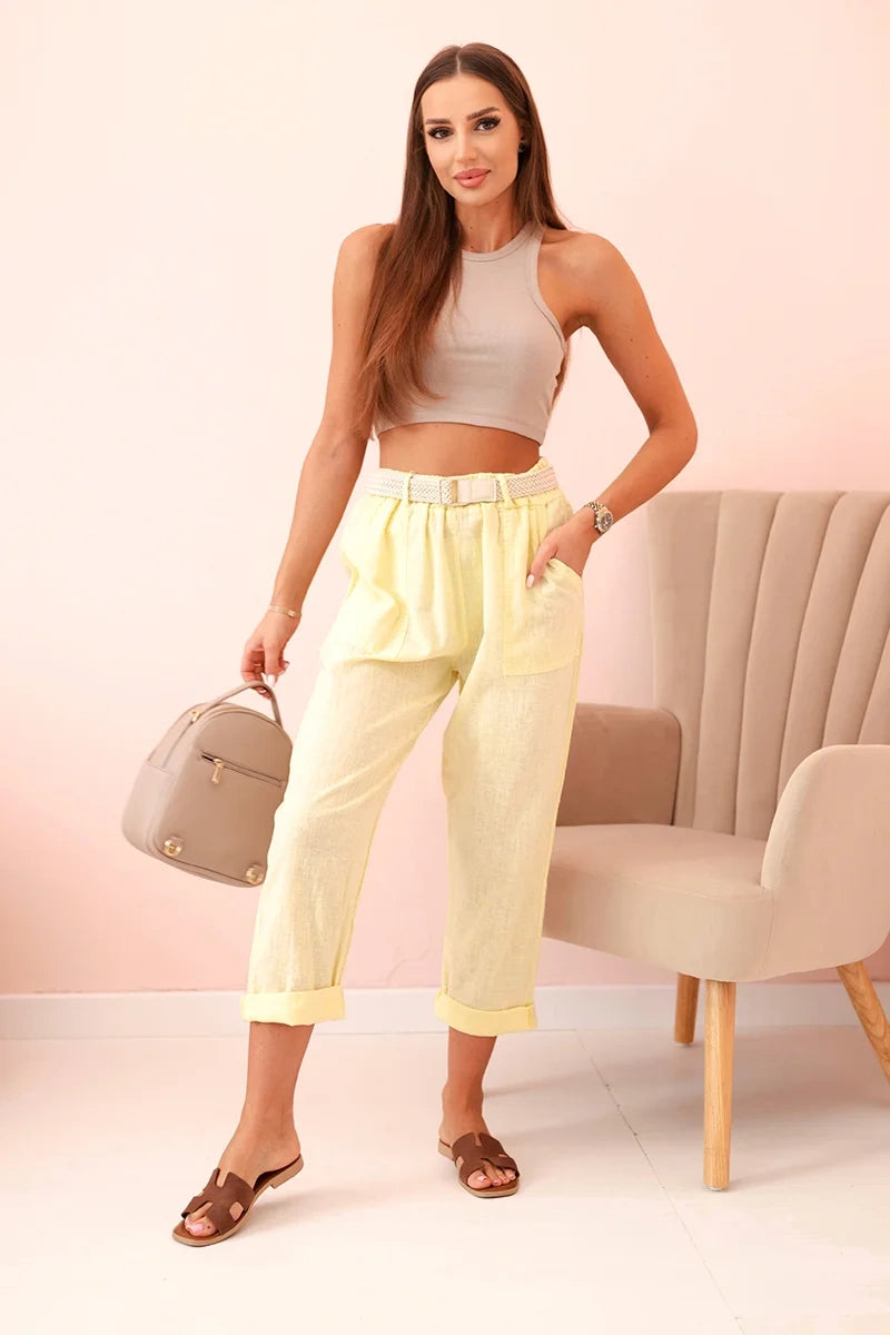 Дамски ленен памучен панталон с колан ART52888