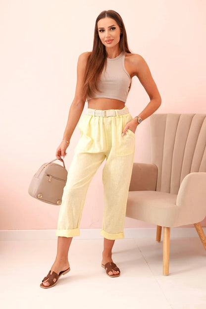 Дамски ленен памучен панталон с колан ART52888