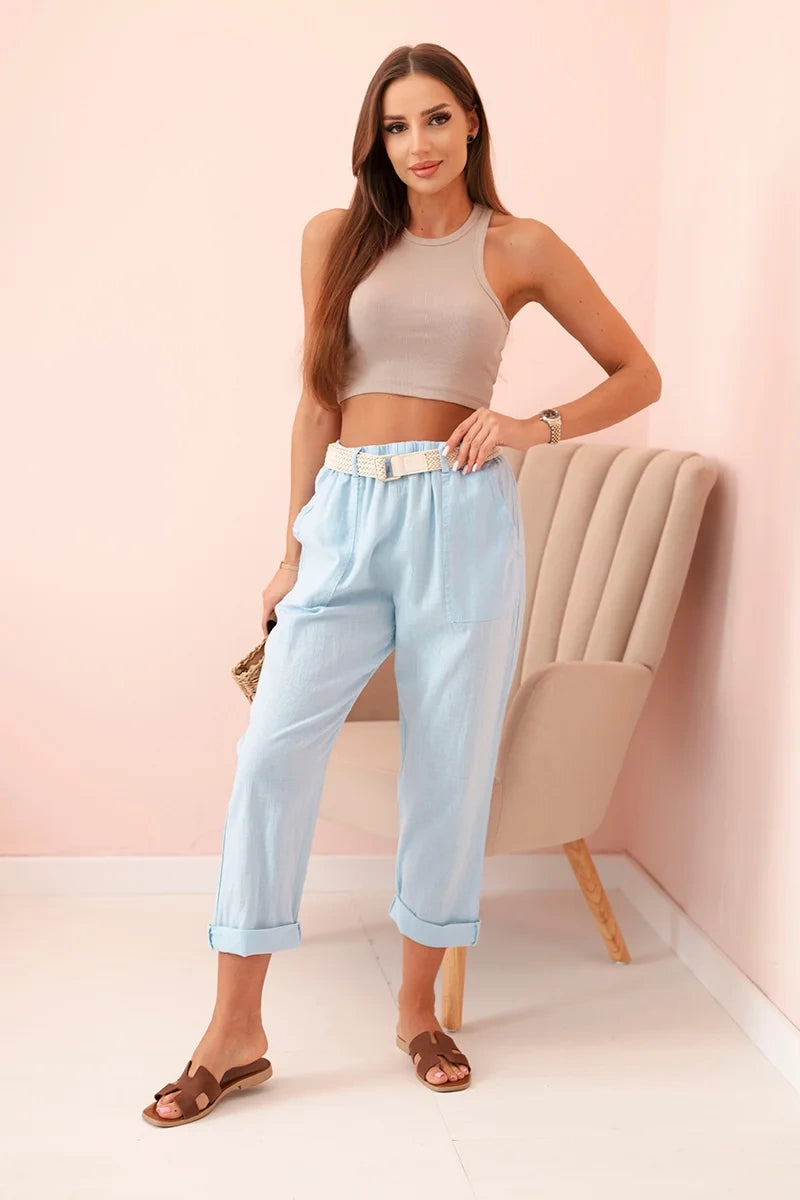 Дамски ленен памучен панталон с колан ART52888