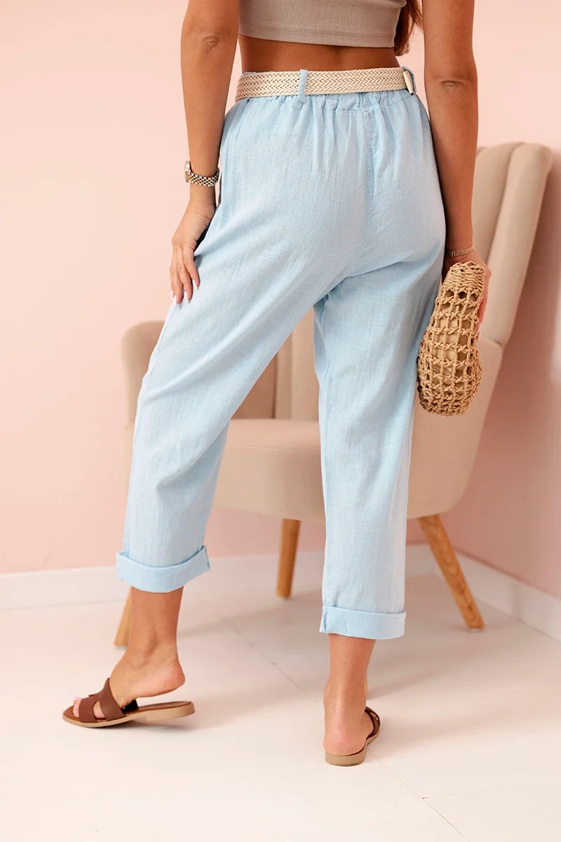 Дамски ленен памучен панталон с колан ART52888