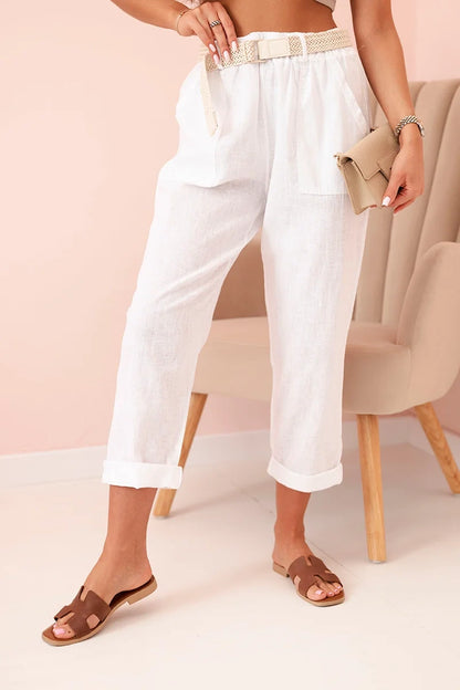 Дамски ленен памучен панталон с колан ART52888