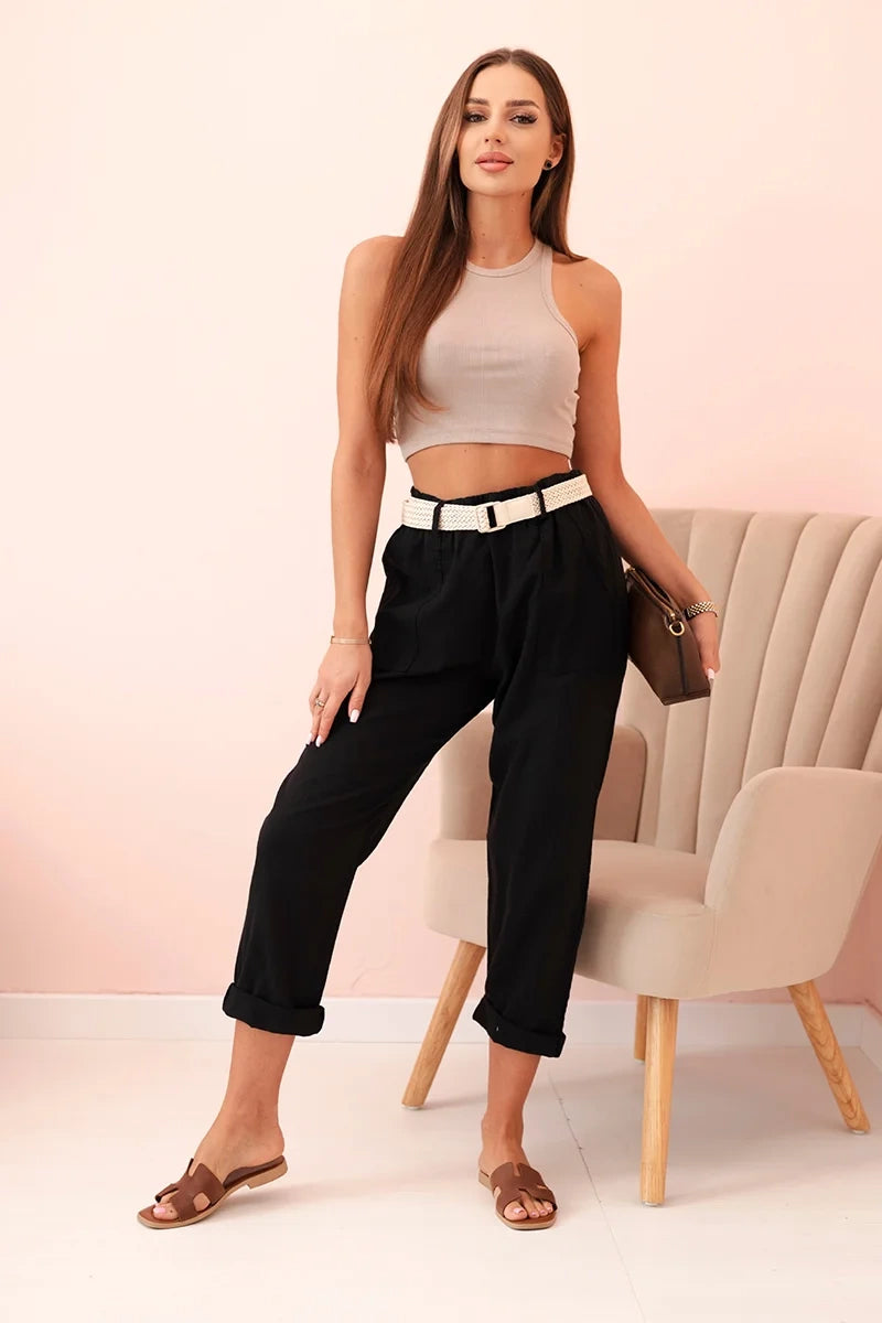 Дамски ленен памучен панталон с колан ART52888