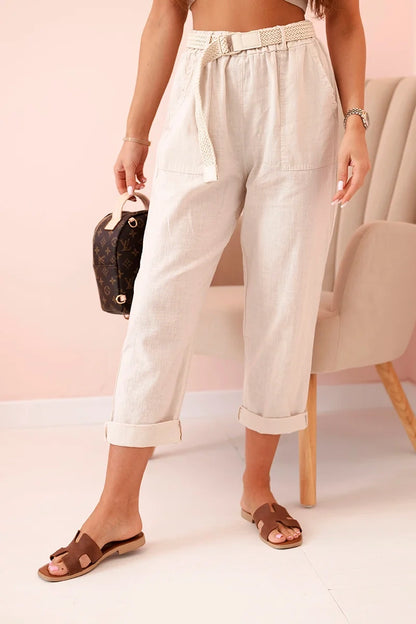 Дамски ленен памучен панталон с колан ART52888
