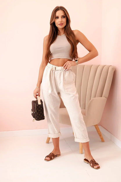 Дамски ленен памучен панталон с колан ART52888