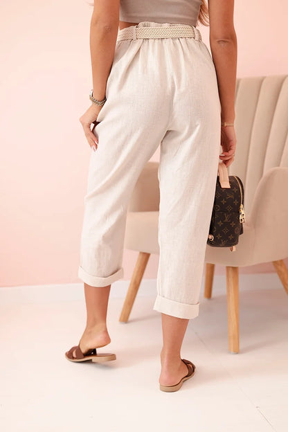 Дамски ленен памучен панталон с колан ART52888