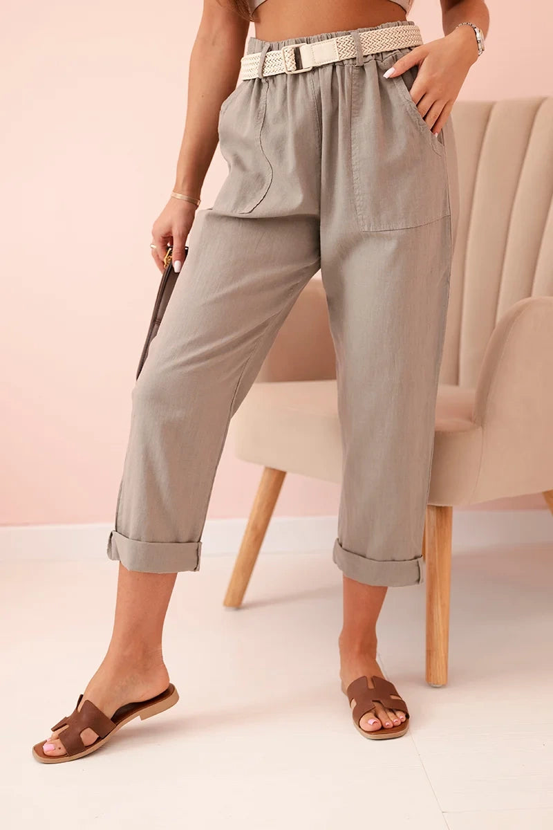 Дамски ленен памучен панталон с колан ART52888