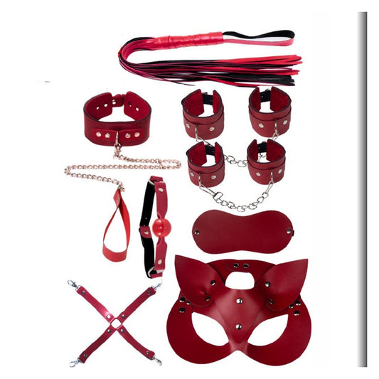 BDSM комплект с маски, белезници, камшик и чокър от еко кожа LT-6008