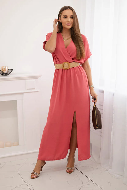 Дълга рокля с декоративен колан 6012