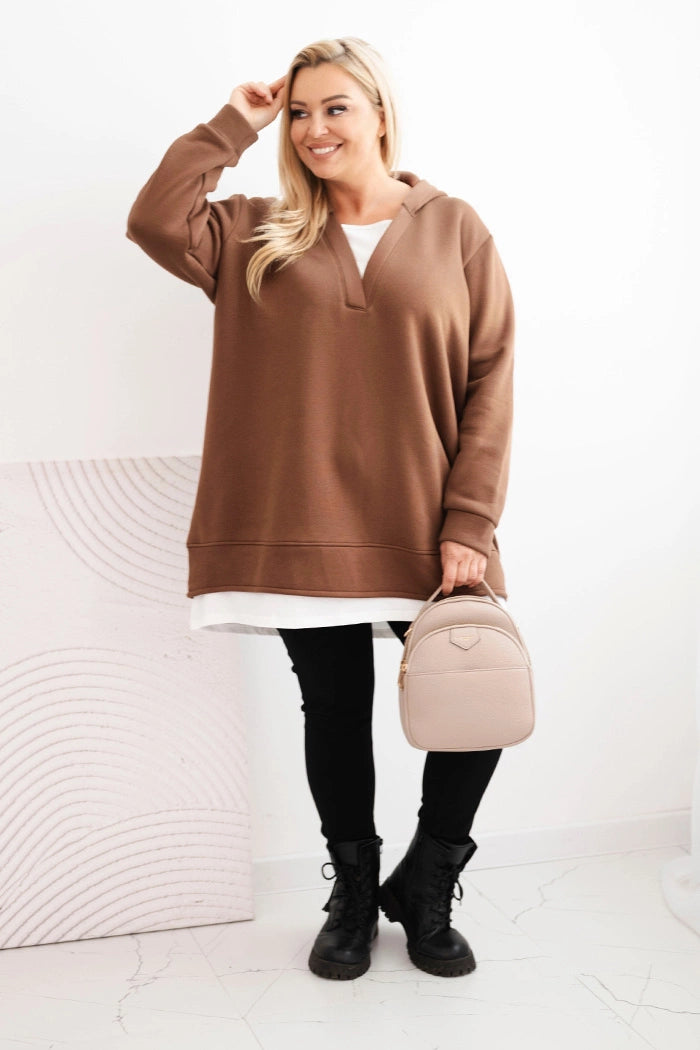 Дамски суичър с качулка, размер Plus Size, с изолация и V-образно деколте 6940