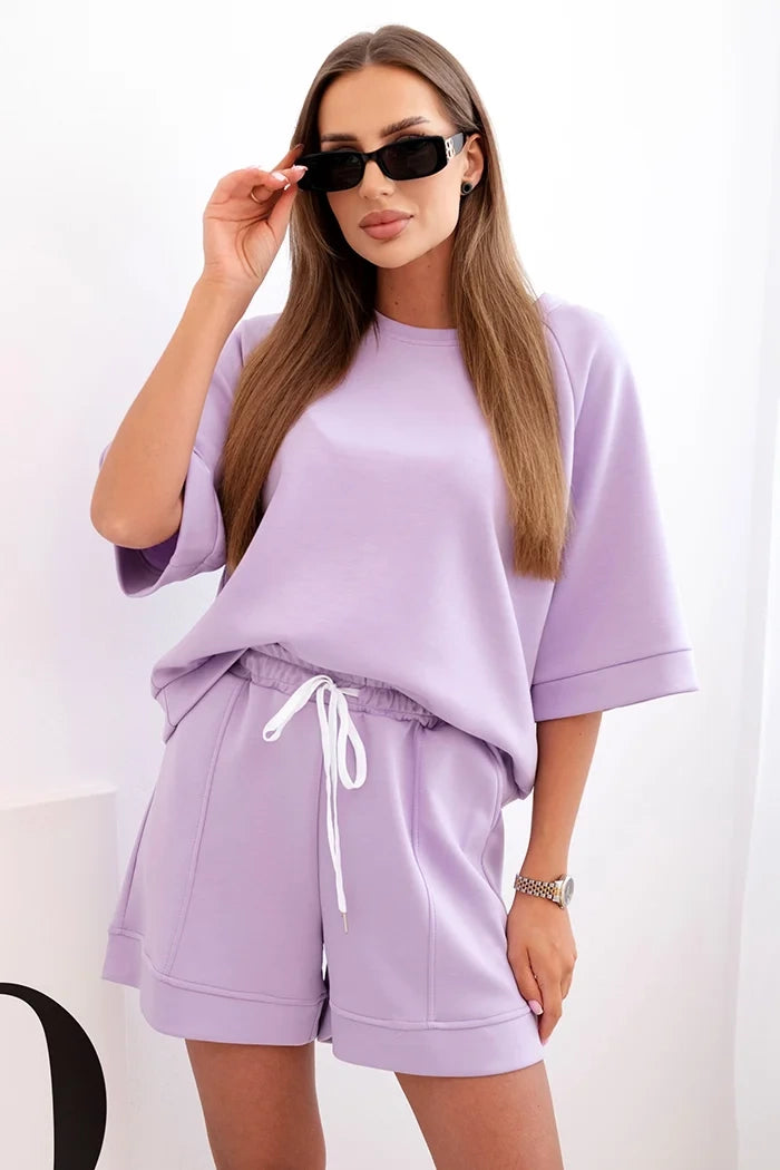 Дамски комплект с блуза с къс ръкав и шорти с ластик 7402