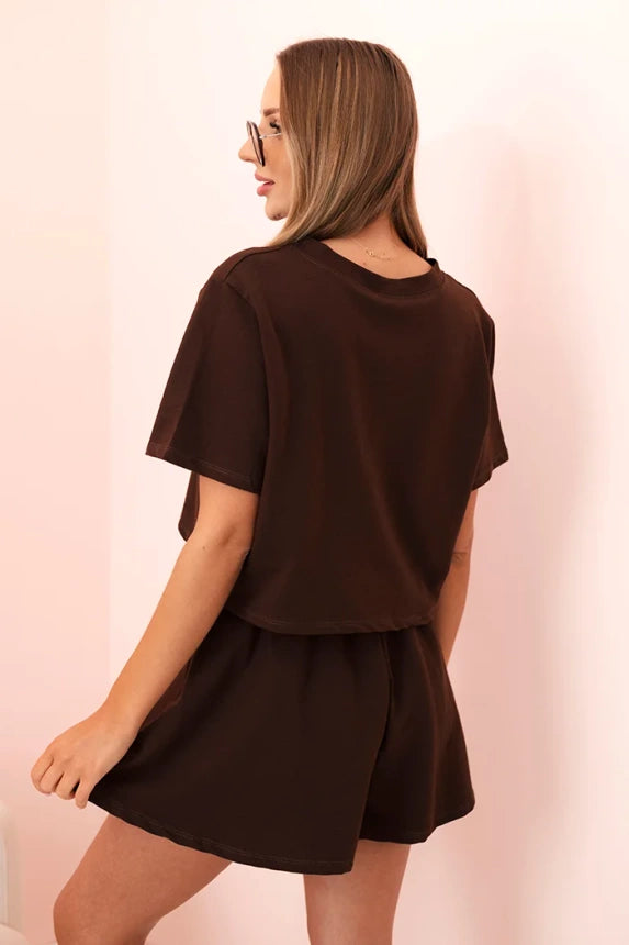 Дамски памучен комплект с широки къси панталонки 7468