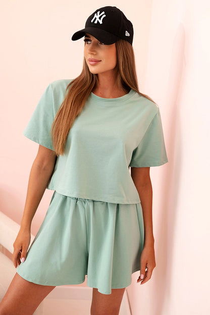 Дамски памучен комплект с широки къси панталонки 7468