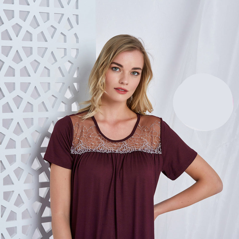 Макси нощница с къс ръкав и дантела CE-86414