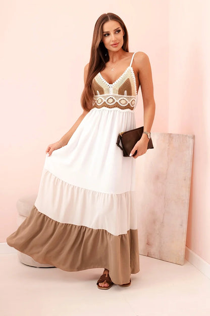 Дамска бохо макси рокля с презрамки и дантелена горна част ART9625