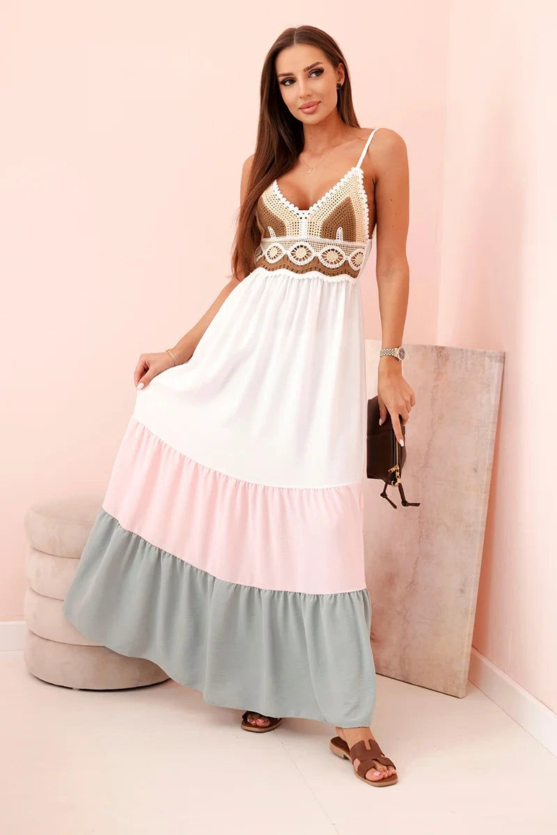 Дамска бохо макси рокля с презрамки и дантелена горна част ART9625