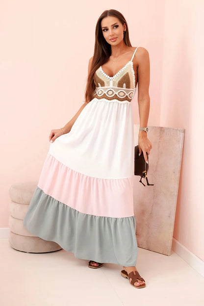 Дамска бохо макси рокля с презрамки и дантелена горна част ART9625