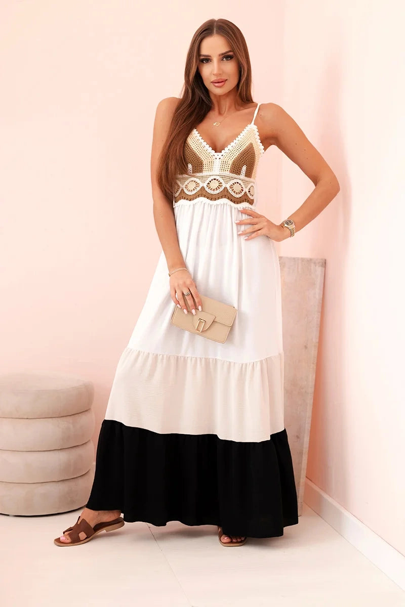 Дамска бохо макси рокля с презрамки и дантелена горна част ART9625