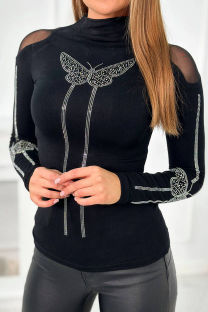 Черна плетена блуза с украса пеперуди от цирконий 9643