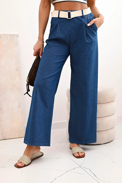 Дамски памучен панталон с широки крачоли и колан ART9806