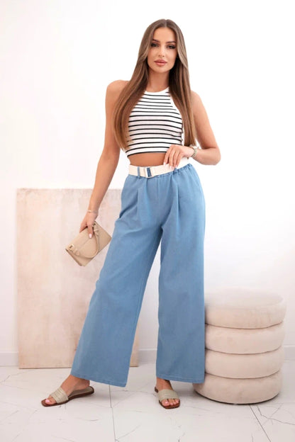Дамски памучен панталон с широки крачоли и колан ART9806