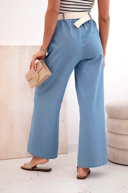 Дамски памучен панталон с широки крачоли и колан ART9806