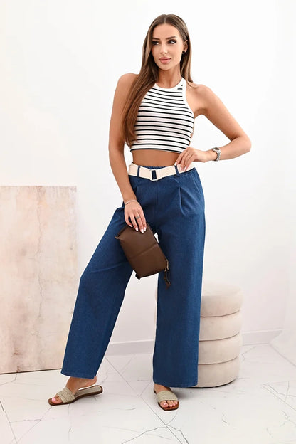 Дамски памучен панталон с широки крачоли и колан ART9806