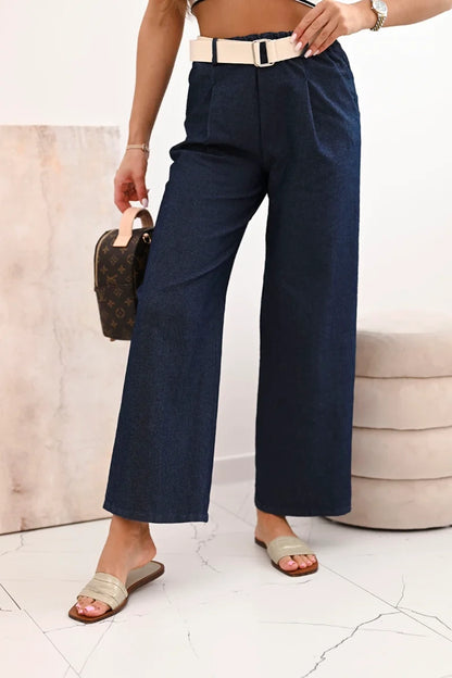 Дамски памучен панталон с широки крачоли и колан ART9806