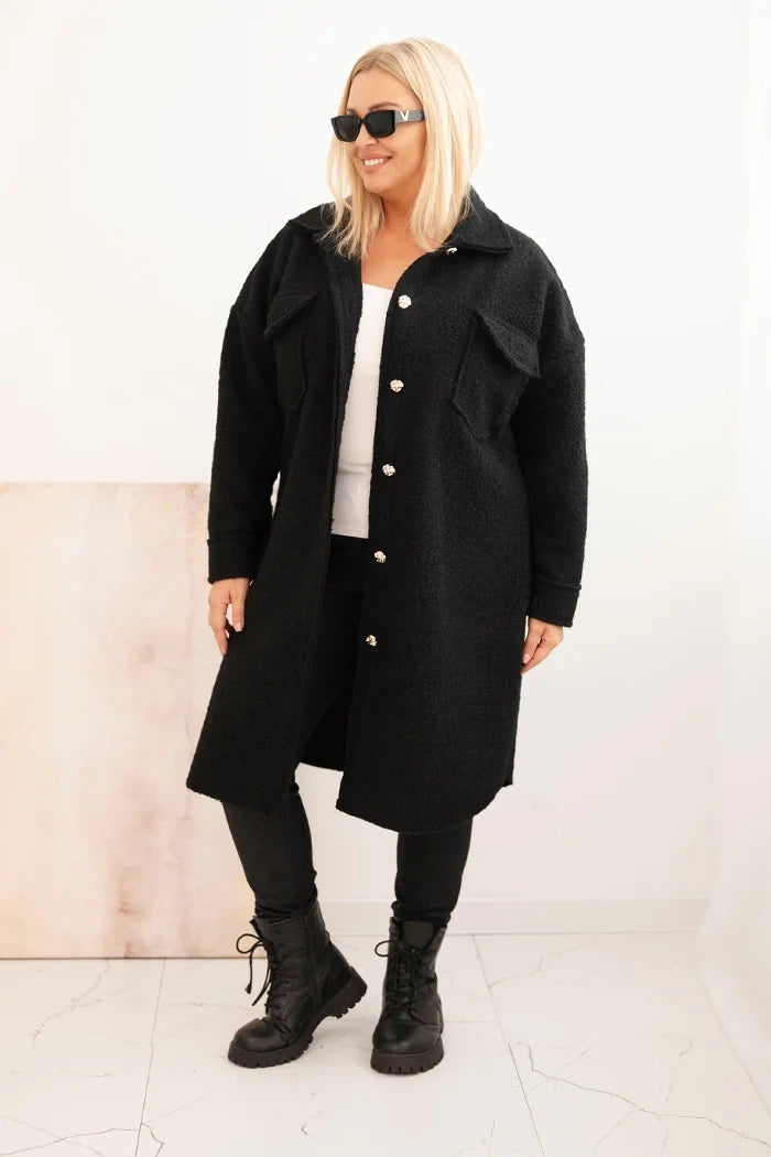 Дамско вълнено палто за големи размери с копчета, джобове и яка ART0286