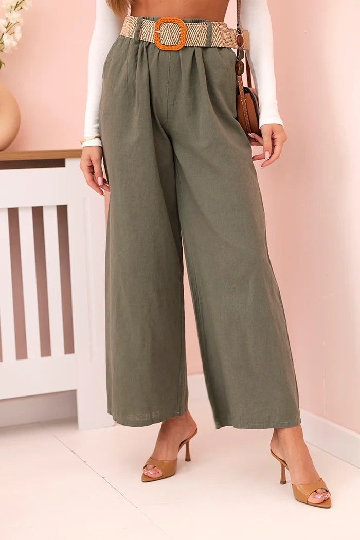 Дамски ленен панталон с широки крачоли и колан ART9806-1