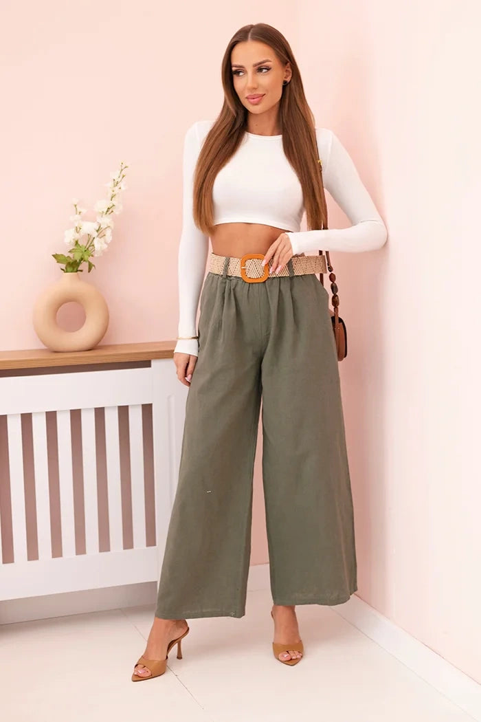 Дамски ленен панталон с широки крачоли и колан ART9806-1
