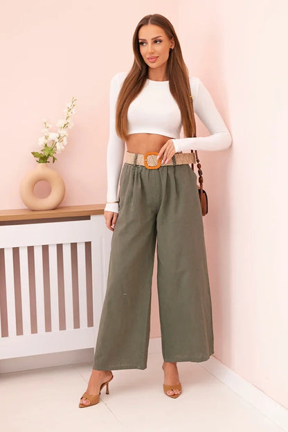 Дамски ленен панталон с широки крачоли и колан ART9806-1