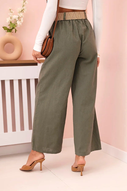 Дамски ленен панталон с широки крачоли и колан ART9806-1