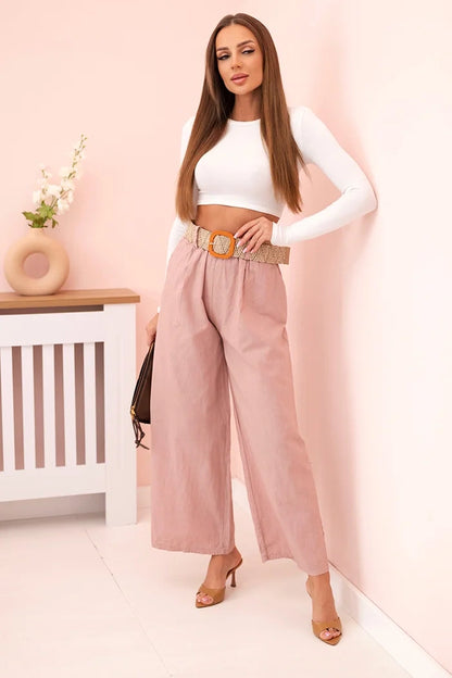 Дамски ленен панталон с широки крачоли и колан ART9806-1