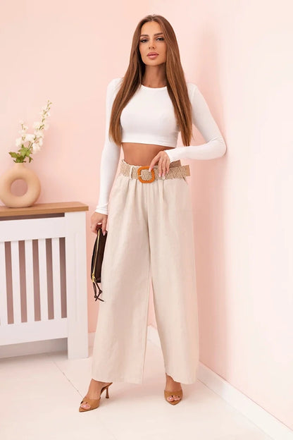 Дамски ленен панталон с широки крачоли и колан ART9806-1