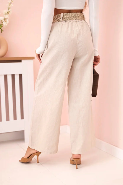 Дамски ленен панталон с широки крачоли и колан ART9806-1