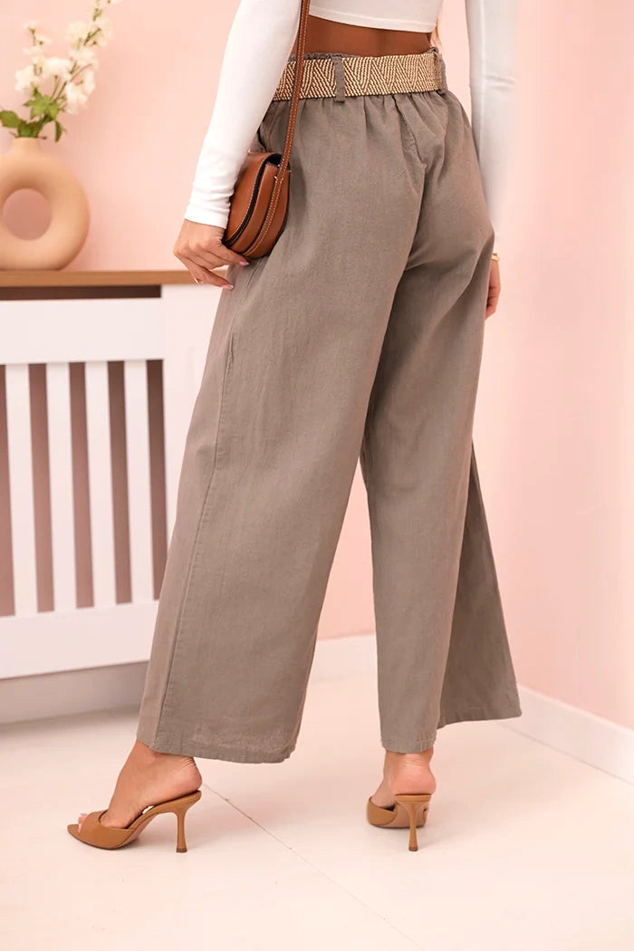 Дамски ленен панталон с широки крачоли и колан ART9806-1