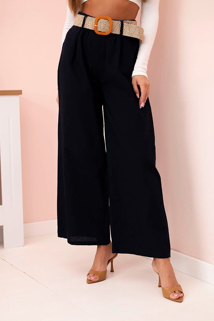 Дамски ленен панталон с широки крачоли и колан ART9806-1