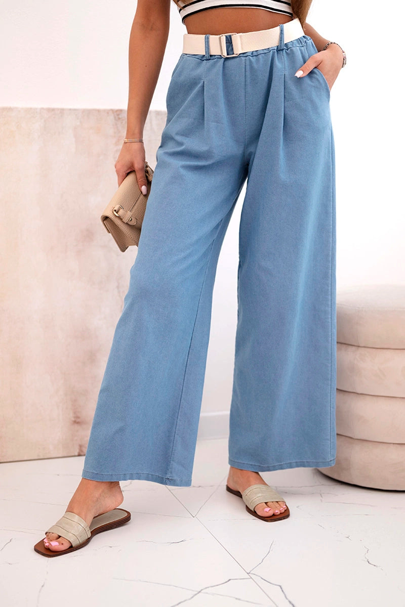 Дамски памучен панталон с широки крачоли и колан ART9806