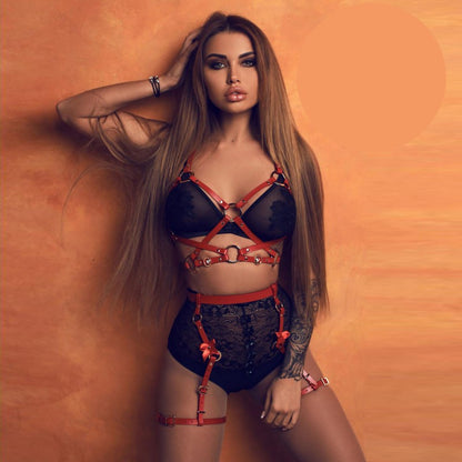 Червен кожен харнес комплект с жариери AA-700794